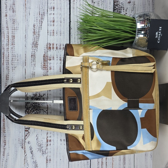 VINTAGE COACH #10113 HAMPTON TOTE BAG SCARF PRINT TAN BLUE BROWN SIGNATURE PURSE - Picture 3 of 17